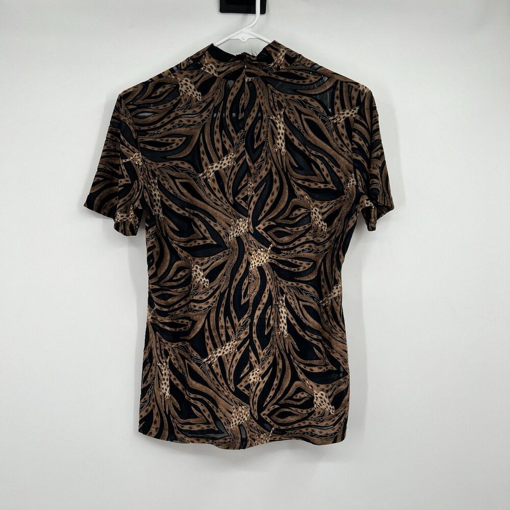VTG Jaipur Womens Petite M Semi Sheer High Neck Blouse Animal Mix Print Classic